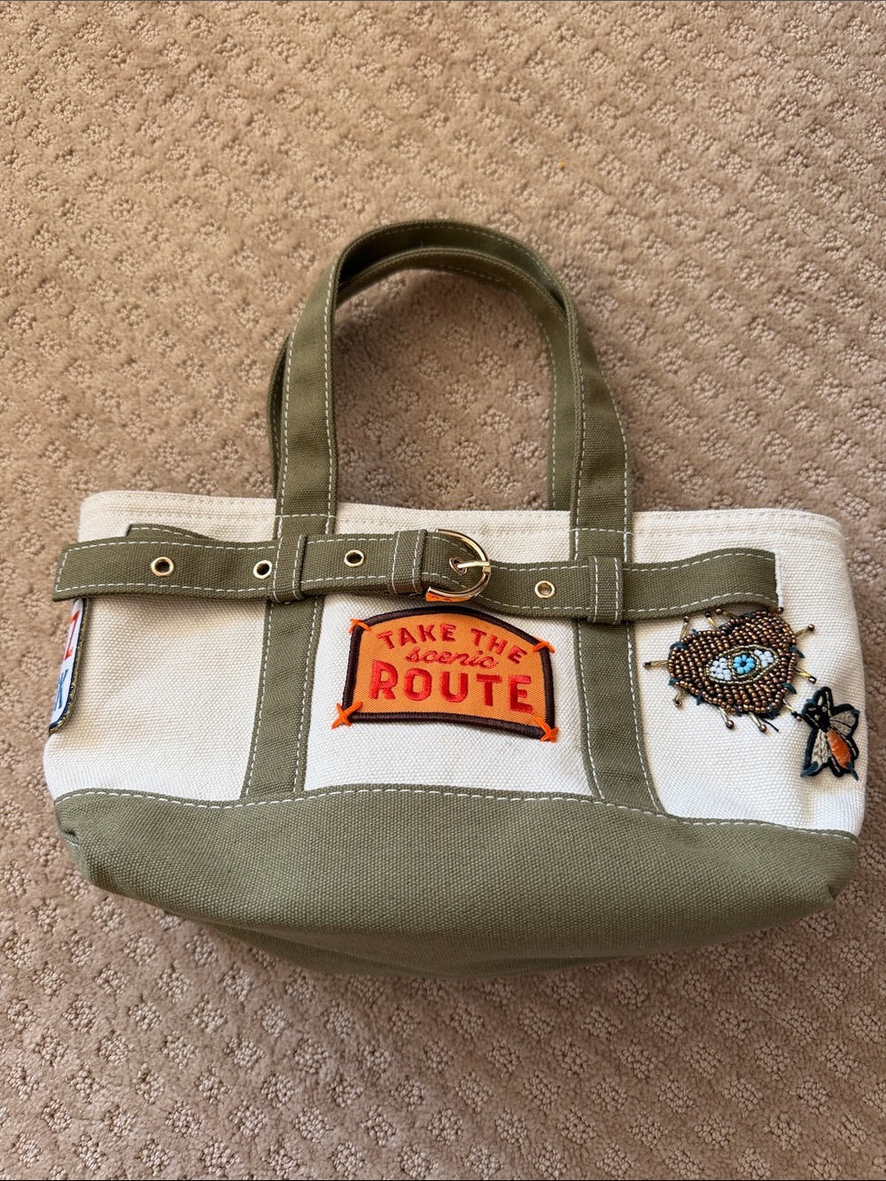 Canvas Tote with Olive Handles and 'Take The Scenic Route' Patch